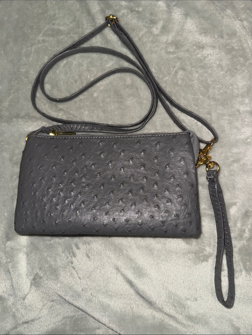 Dark Gray Faux Ostrich Crossbody Wristlet/Purse - Women's Bag